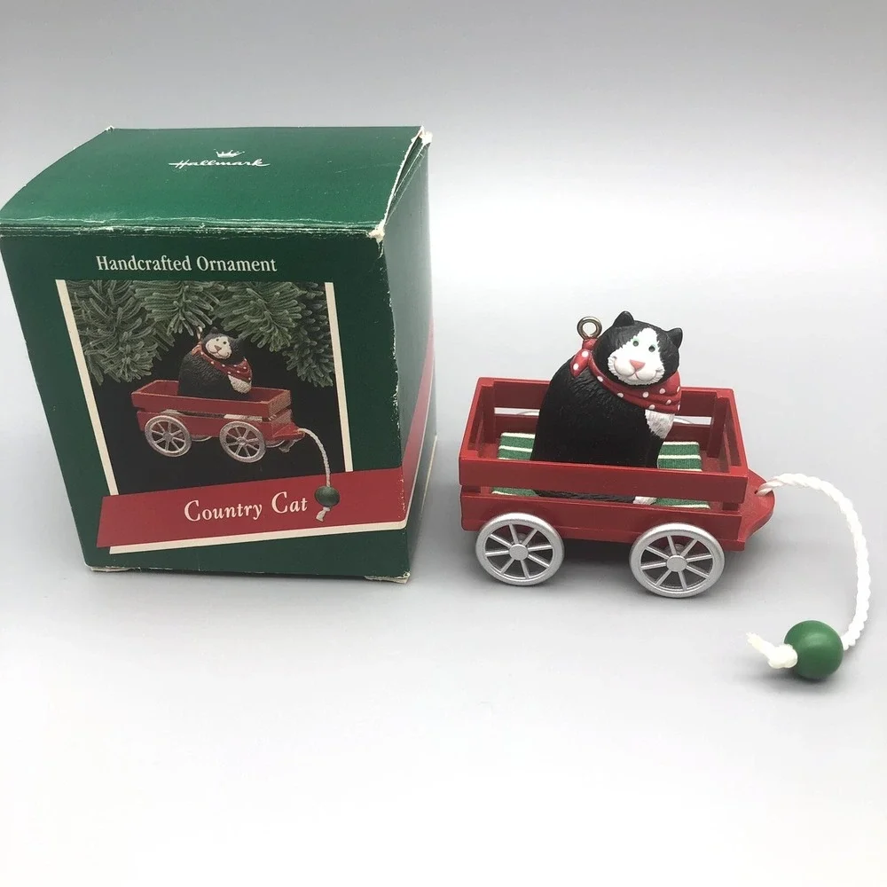 Vtg 1989 Hallmark Christmas Tree Ornament Country Cat in a Red Wagon Black Kitty
